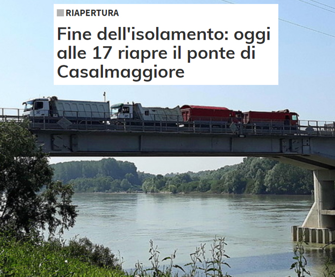 Oggi 5 Giugno riapre il ponte sul Po fra Casalmaggiore e Colorno – Lavori eseguiti in 150 giorni